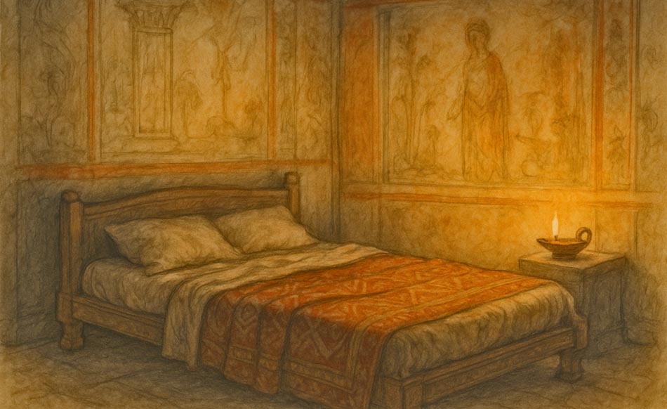 A cozy Roman bedroom softly lit by an oil lamp, with a neatly made wooden bed and warm tones that create a calm, sleepy atmosphere.