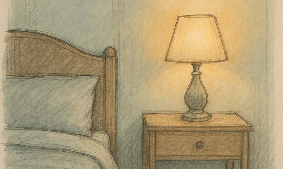 Sleep affirmations theme illustration of a quiet bedroom with a bedside lamp and neatly made bed.