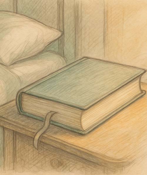 Illustration of a nightstand with a book and lamp, in a soft hand-drawn style connected to sleep affirmations.
