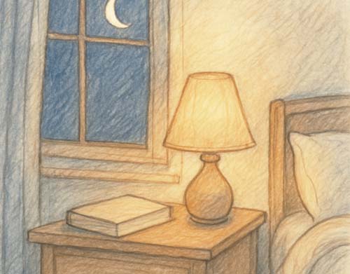 Illustration of a bedroom window and crescent moon at night in the same soft style used for sleep affirmations content.