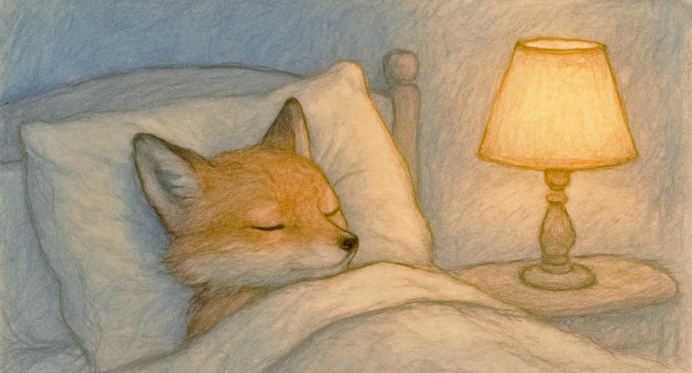 Soft watercolor illustration of a fox peacefully sleeping under a blanket beside a warm bedside lamp, symbolizing calm, rest, and relief from nighttime anxiety